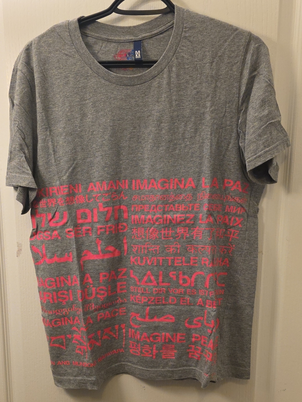 Short-Sleeve Gray Tee with Pink Multilingual 'Imagine Peace' Print